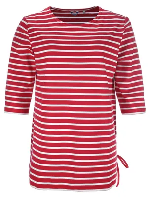 Produktbild von modAS Damen Long-Shirt 1/2-Arm Maritim mit Streifen - Rundhalsshirt mit modischer Schnürung in Rot-Weiß Größe 46