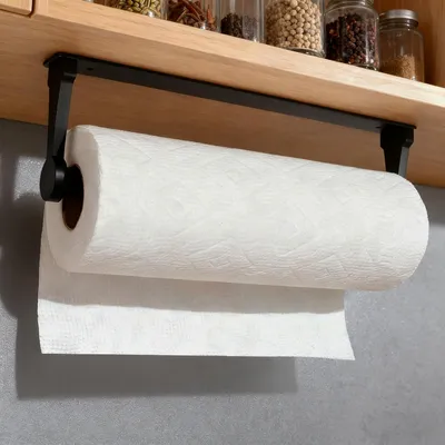 Image de Porte-rouleau de papier essuie-tout sans perçage, porte-papier toilette en alliage d'aluminium, porte-papier toilette adhésif pour la cuisine, la salle de bains et le salon – noir