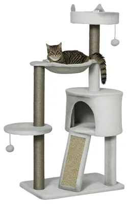 Produktbild von Kratzbaum inkl. Katzenhöhle, Katzenbett, Katzenhängematte und Spielzeug 60 cm x 40 cm x 113 cm, Hellgrau