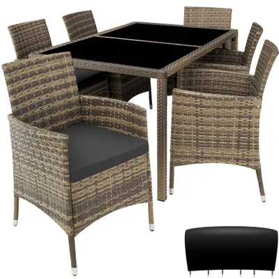 Image de Salon de jardin 6 places avec housse de protection - marron naturel/gris foncé