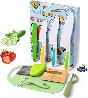 Produktbild von Küchenmesser-Set für Kinder - 9-teiliges Küchenmesser-Set für Küchen - Kinderküchenmesser für das Schneiden und Kochen von Obst und Gemüse für Kleinkinder - inkl. Holzmesser, Schneidebrett und Peeler
