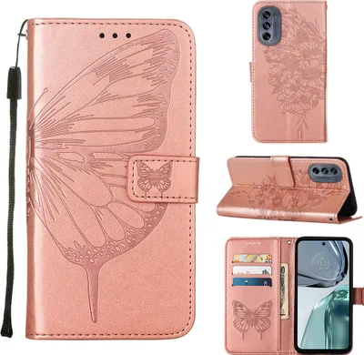 Produktbild von Moto G62 5G Hülle, Schmetterling Prägung Flip Leder Kartenfächer Schutzhülle Ledertasche mit Ständer für Motorola Moto G62 5G Roségold