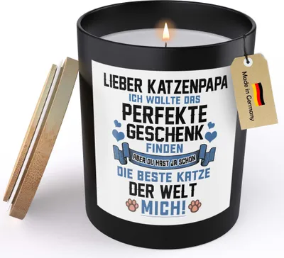 Produktbild von 22Feels Katzenpapa Geschenk Männer Spruchkerze "Ich Wollte Das Perfekte" Katze Sojawachs Kerze im Glas Cat Dad Katzenbaby Handgemacht mit Spruch Duft Deko Vegan Nachhaltig - ZITRUS
