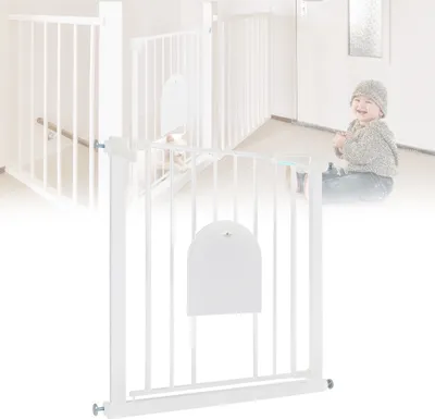 Obrázok produktu pre XMTECH bezpečnostná brána na schody bez vŕtania 75-85 cm zábrana na schody detská brána s dvierkami pre psy a mačky (biela)
