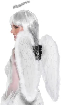 A woman wearing an angel costume with white wings and a halo.