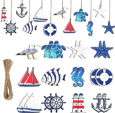 Imagen del producto de Conjunto de decoración marítima para pared, que incluye 24 estrellas, ganchos de madera, conchas y una red de pesca