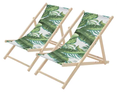 Obrázok produktu pre ECD Germany, sada 2 ks skladacích ležadiel Tropical, zeleno-biele, drevené, s 3-stupňovo nastaviteľným operadlom, plážové ležadlo do záhrady, na balkón alebo terasu