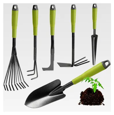 Produktbild von 6-teiliges Gartenwerkzeug-Set - Gartenset mit Doppelhacke, Kleingrubber, Fugenkratzer, Handrechen und Blumenkelle - Werkzeug für Pflanzen und Gartenarbeit