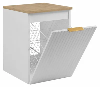 Obrázek produktu pro Závěsná skříňka do koupelny s košem na prádlo, bílá / světlý dubový Imitace, úchytky zlaté barvy, rozměry 40 x 46 x 58,6 cm