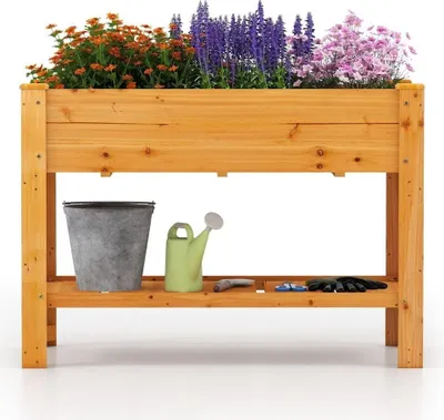Zdjęcie produktu dla Drewniana podniesiona grządka ogrodowa z półką i otworami drenażowymi, 120x60x81 cm