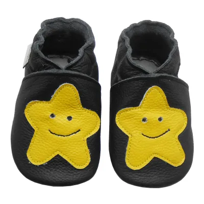 Produktbild von BEMUSE® Baby Krabbelschuhe aus Echtleder, weiche Lauflernschuhe für Mädchen&Jungen, rutschfeste Ledersohle, Schwarz, Sternmotiv, Größe M (6–12 Monate)