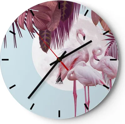 Produktbild von Wanduhr - Rund - Glasuhr - Flamingos Palmen Mond - 40x40cm - Schleichendes Uhrwerk - Lautlos - zum Aufhängen bereit - Dekoration Modern - Wanddekoration aus Glas - C3AR40x40-4598
