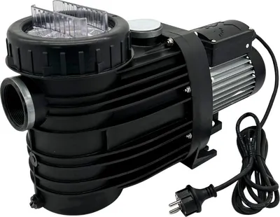 A black and silver pool pump with a power cord and plug, isolated on a white background.