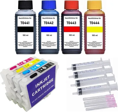 Produktbild von Wiederbefüllbare Tintenpatronen kompatibel mit Epson T0441, T0442, T0443, T0444 mit Auto Reset Chips - 4 Patronen mit 400 ml Premium Markentinte