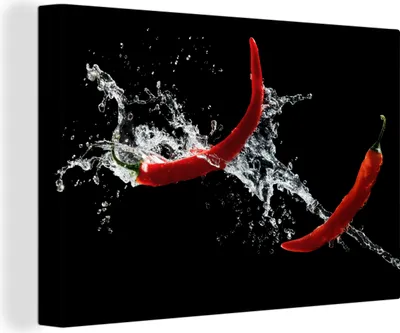 Produktbild von OneMillionCanvasses® - Leinwandbilder - 150x100 cm, Chilischote - Stilleben - Wasser - Schwarz - Rot, Wandbilder Kunstdruck Wanddekoration - Foto auf Leinwand - Gemälde auf