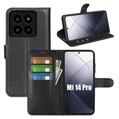 A collage of images showing a black flip case for a Xiaomi 14 Pro phone, with cards and cash inserted.