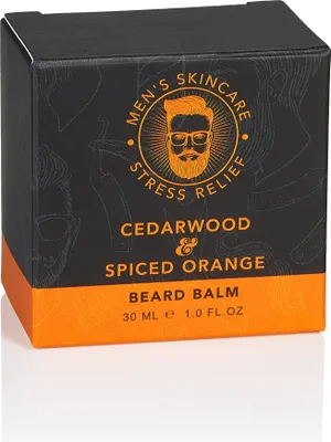 A black and orange box for men's skincare beard balm.