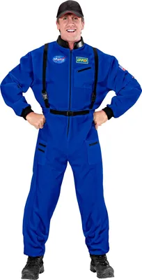A man wearing a blue astronaut costume.
