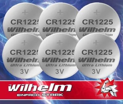 A group of six CR1225 lithium coin cell batteries are arranged in two rows against a blue, lightning-themed background. The brand name 'Wilhelm' and product details are printed on each battery. A red banner at the bottom features the brand name and slogan.