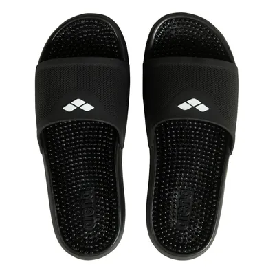A pair of black Arena slide sandals shown from a top-down view against a white background.