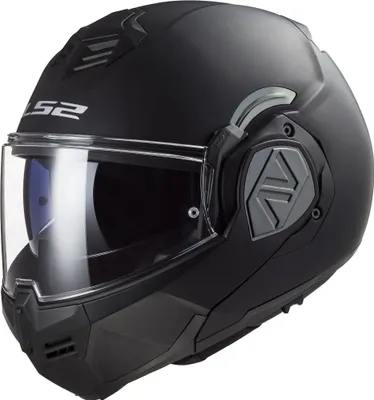 A black motorcycle helmet with a clear visor, shown from a three-quarter front angle against a white background.