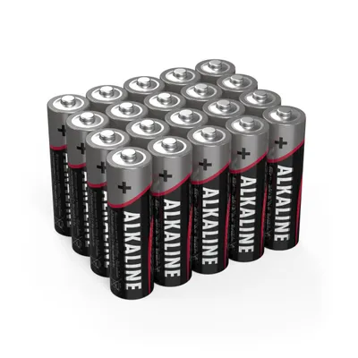 A group of AA alkaline batteries arranged in a staggered formation.