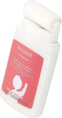 Weiße Mini-Farbrollerflasche mit korallenfarbenem Etikett, das Produktname und Eigenschaften zeigt