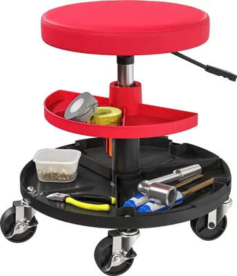 Obrázek produktu pro Dílenský pojízdný stolička – otočná s kolečky – výškově nastavitelná 40–51 cm – 2 odkládací plochy – nosnost 135 kg – rozměry 38×38×51 cm – červená