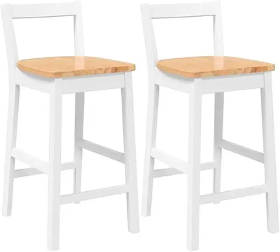 Produktbild von Barhocker 2er Set Weiß Natur, Massivholz Gummibaum Küchenhocker mit Rückenlehne, Ergonomische Tresenhocker für Küchentheke und Esszimmer, Sitzhöhe 61cm, Belastbar bis 110kg