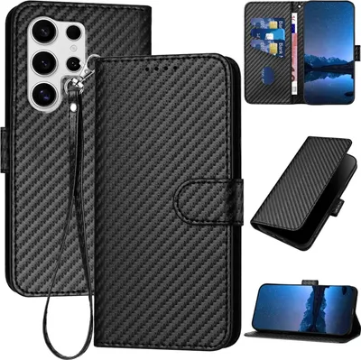 Obrázek produktu pro Pro Samsung Galaxy S25 Ultra Carbon Fibre Pouzdro ze syntetické kůže se šňůrkou na krk Black