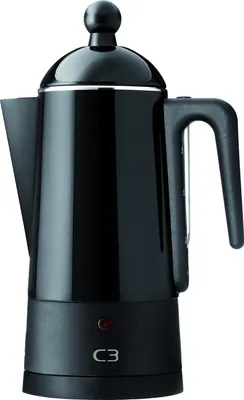 A black electric percolator coffee maker is shown against a white background.
