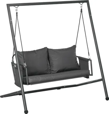 Produktbild von Outsunny 2-Sitzer-Gartenschaukel mit Kissen und Aufbewahrungstaschen, Outdoor-Schaukel aus Stahl und Textilene, 168 x 117 x 181 cm, Dunkelgrau