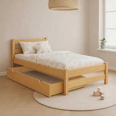 Produktbild von MEBLE WRÓBEL Kinderbett 80x160 cm mit Schublade und Lattenrost - Einzelbett aus Kiefer Massivholz - Kinder Bett Montessori – Jugendbett - ohne Matratze