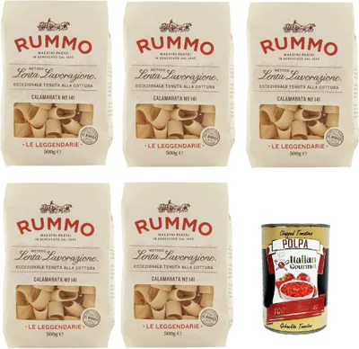 Produktbild von Rummo Le Leggendarie Calamarata ? 141 Pasta Lenta Lavorazione Teigwaren aus Hartweizengrieß Bronze-Zeichnung 5x 500g + Italian Gourmet polpa 400g