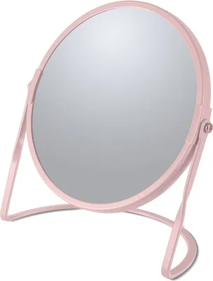 A pink makeup mirror on a stand.