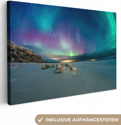Produktbild von OneMillionCanvasses® - Leinwandbilder - 150x100 cm, Nordlichter - Schnee - Farben, Wandbilder Kunstdruck Wanddekoration
