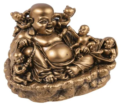 Lachende Buddha-Figur mit Kindern, gold, 13x9x8 cm
