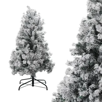 Image de Arbre de Noël Ikodm, 120 cm, artificiel, avec effet neige, 340 branches, sapin artificiel dense, recouvert de flocons, avec support métallique pliable