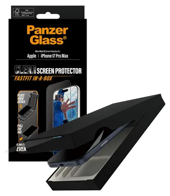 Obrázok produktu pre PanzerGlass ® Screen Protector iPhone 17 Pro Max | Ultra-Wide Fit w. Fastfit in-a-box, Apple, Apple - iPhone 17 Pro Max, Suché aplikovanie, Odolné proti poškriabaniu, Odolný proti nárazom, Priehľadná, 1 kusov