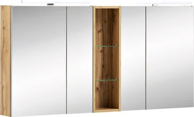 Produktbild von LED-Spiegelschrank mit Regal in Eiche Landhaus DABO-04 inkl. Beleuchtung, B/H/T: 141,6/71-75/16 cm