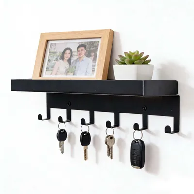 Wandsleutelhänger mit Ablage, 6 Haken, schwarz, 30 cm