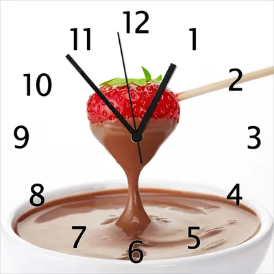 Produktbild von Wallario Design Wanduhr Schoko-fondue mit Erdbeer am Stiel aus Echtglas, Größe 30 x 30 cm