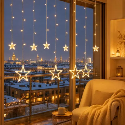 Produktbild von NAIZY 12 Sterne LED Vorhang 3 m, 138 LEDs warmweiß, 8 Modi mit Fernbedienung und Timer, Weihnachtsdeko Fenster