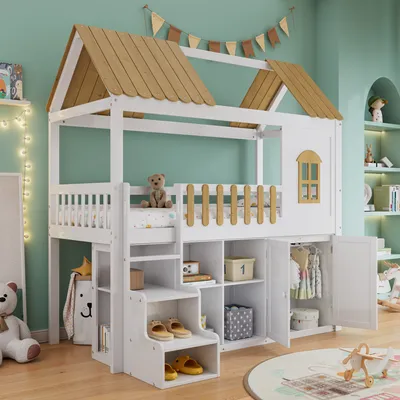 Produktbild von Flieks Etagenbett 90x200cm mit Kleiderschrank, Kinderbett Hausbett mit Regal, Hochbett mit Treppe, Stockbett Holzbett mit Lattenrost, Weiß