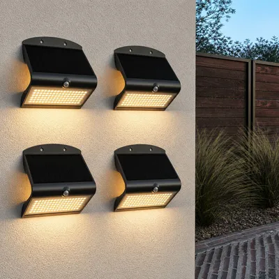 Produktbild von HOFTRONIC Solar-Wandleuchte 8W 3000K IP65 Schwarz mit Bewegungssensor Set 4er