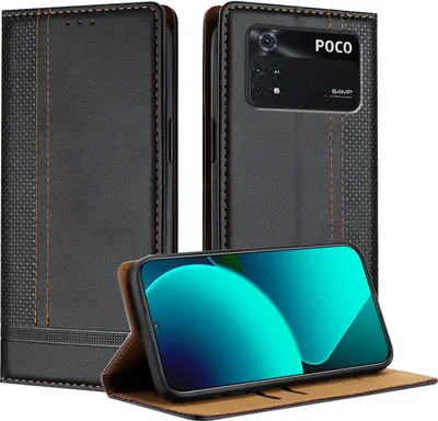 Produktbild von Handyhülle für Xiaomi Poco M4 Pro 4G Leder Flip Klappbare Schutzhülle mit Standfunktion Schwarz