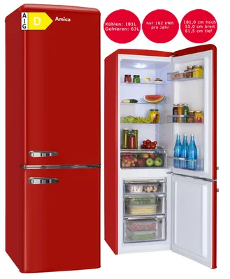A red retro-style refrigerator with its door open, showing its interior contents and energy efficiency labels.