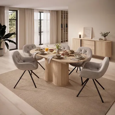 Produktbild von Esszimmer-Set 2-teilig in Eiche mit Rillen, Esstisch 180-220 cm & Sideboard – LEVALA-167