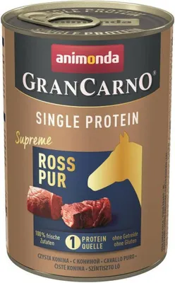 A can of dog food with a horse silhouette and images of meat.