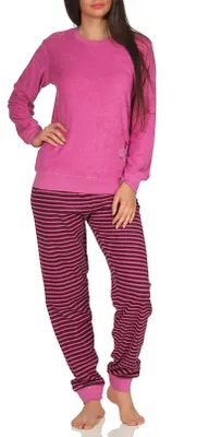 Produktbild von Damen Frottee Pyjama mit Bündchen, Hose gestreift, Top mit Sterne + Mond Stickerei ; pink , 44/46